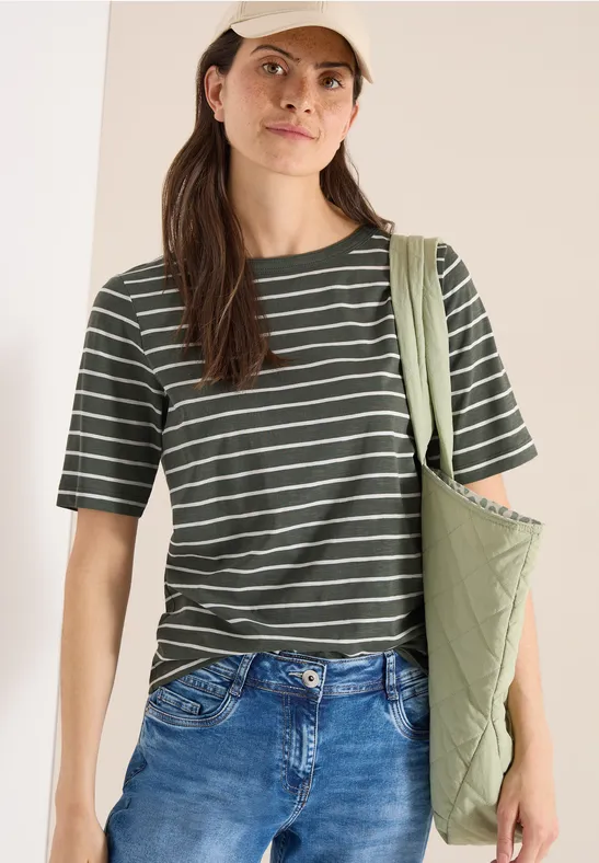 Gestreiftes Slub-Jersey-Shirt mit U-Boot-Ausschnitt