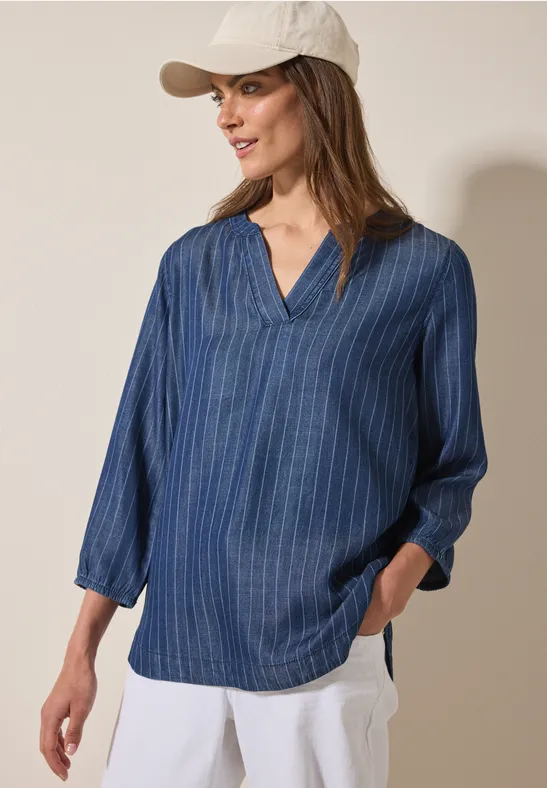Gestreifte Lyocell-Bluse in Denim-Optik
