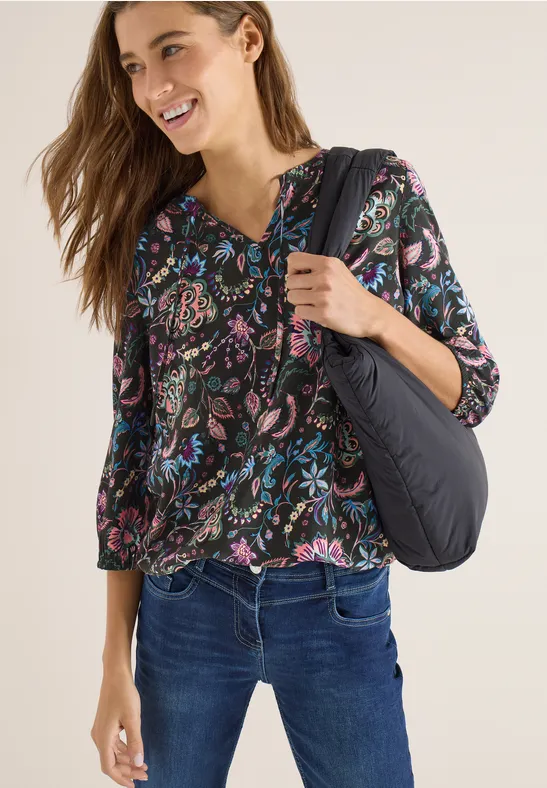 Viskose-Bluse mit Grafikprint und Schlitz-Ausschnitt