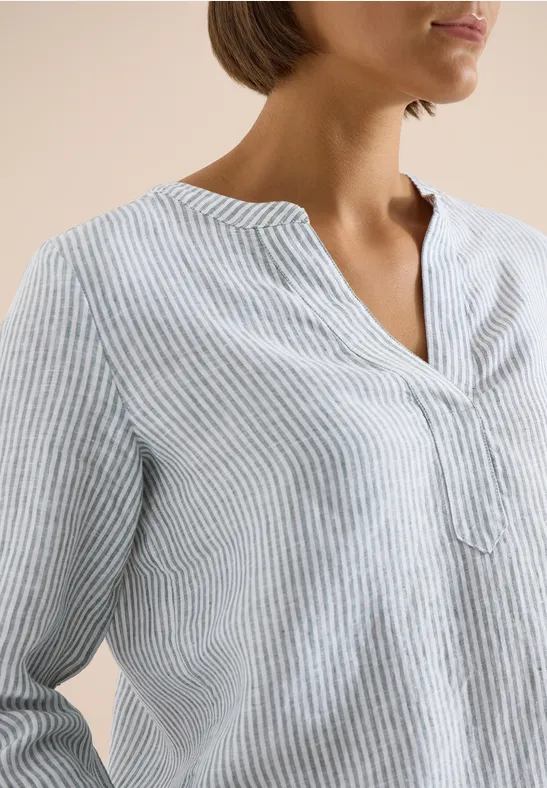 Gestreifte Leinentunika mit Split Neck