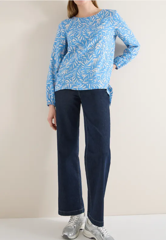 Bluse mit grafischem Blättermuster und Knotendetail