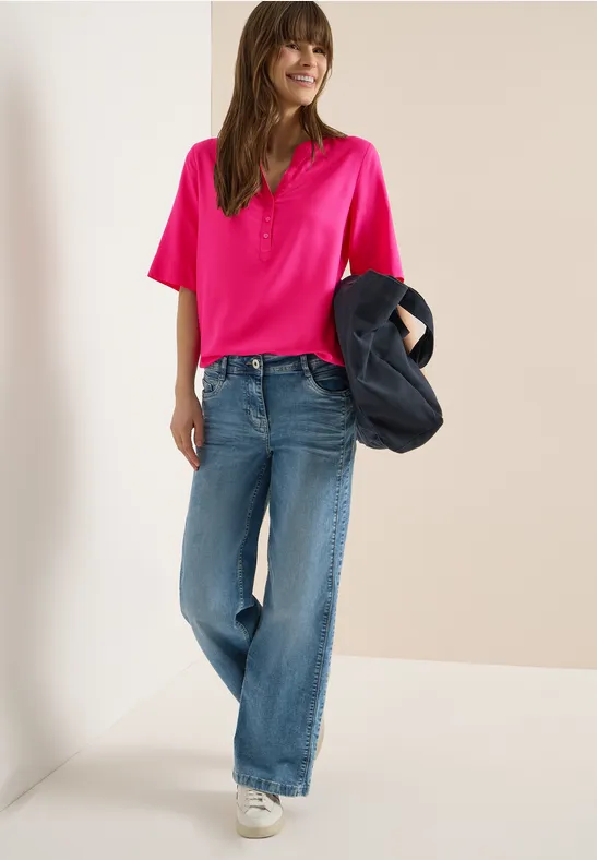 Kurzarm-Viskosebluse mit Split-Neck
