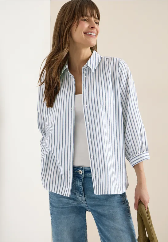 Gestreifte Seersucker-Bluse mit 3/4-Arm