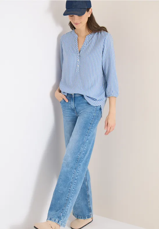 Gestreifte Bluse mit Split-Neck und 3/4-Ärmeln