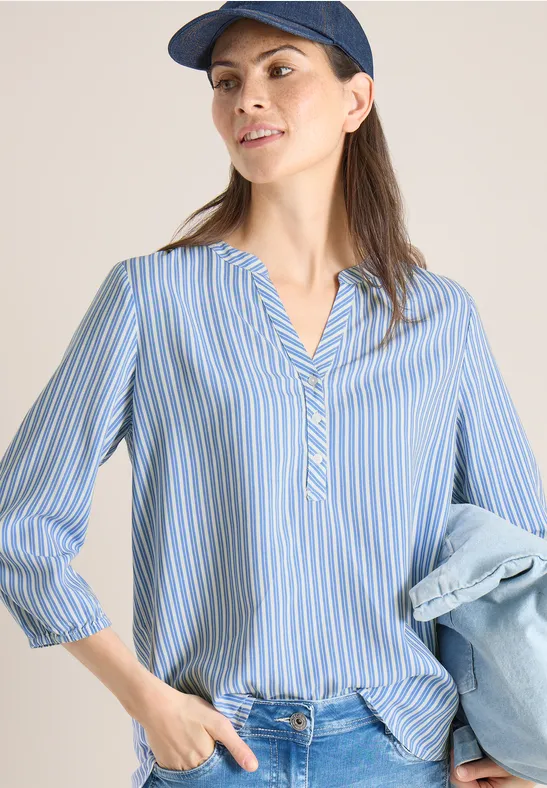 Gestreifte Bluse mit Split-Neck und 3/4-Ärmeln