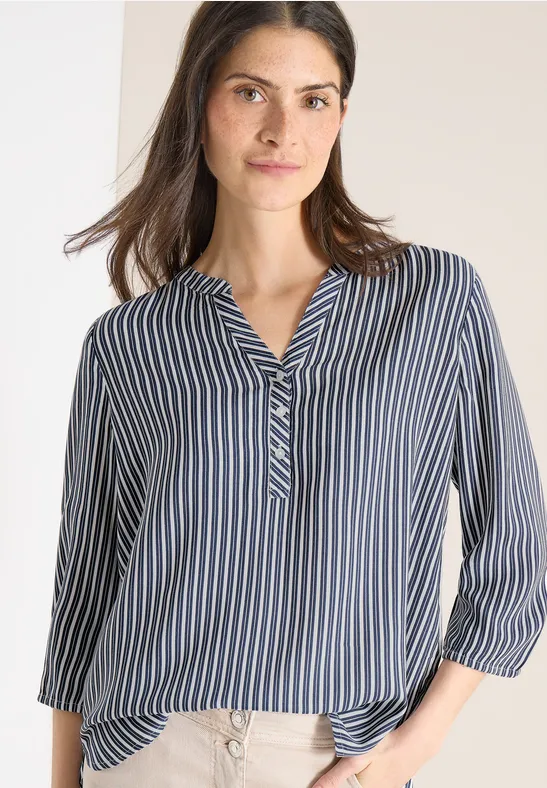 Gestreifte Bluse mit Split-Neck und 3/4-Ärmeln