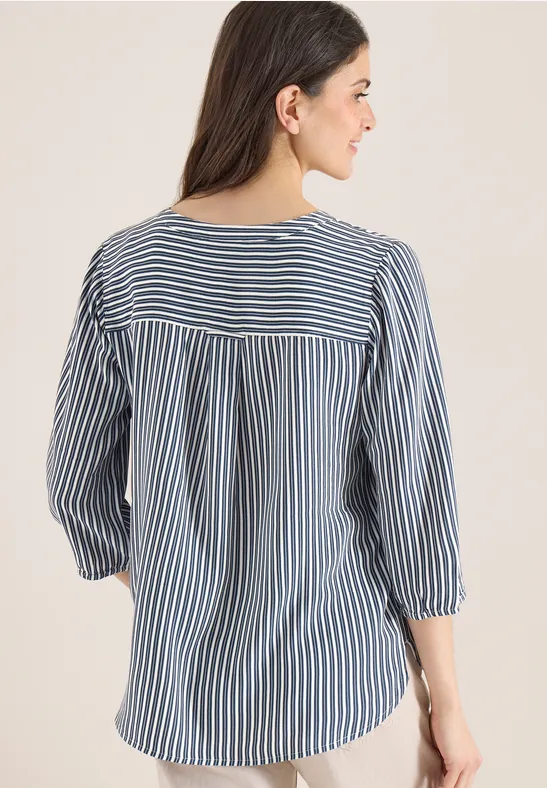 Gestreifte Bluse mit Split-Neck und 3/4-Ärmeln