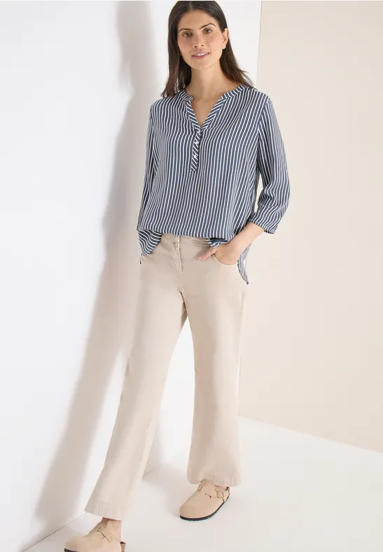 Gestreifte Bluse mit Split-Neck und 3/4-Ärmeln