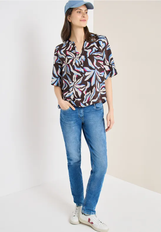 Abstrakte Blumenbluse mit Schlitz-Ausschnitt