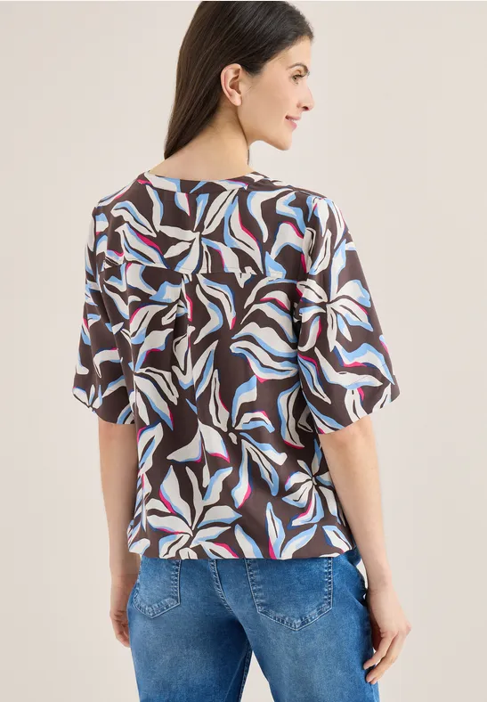 Abstrakte Blumenbluse mit Schlitz-Ausschnitt