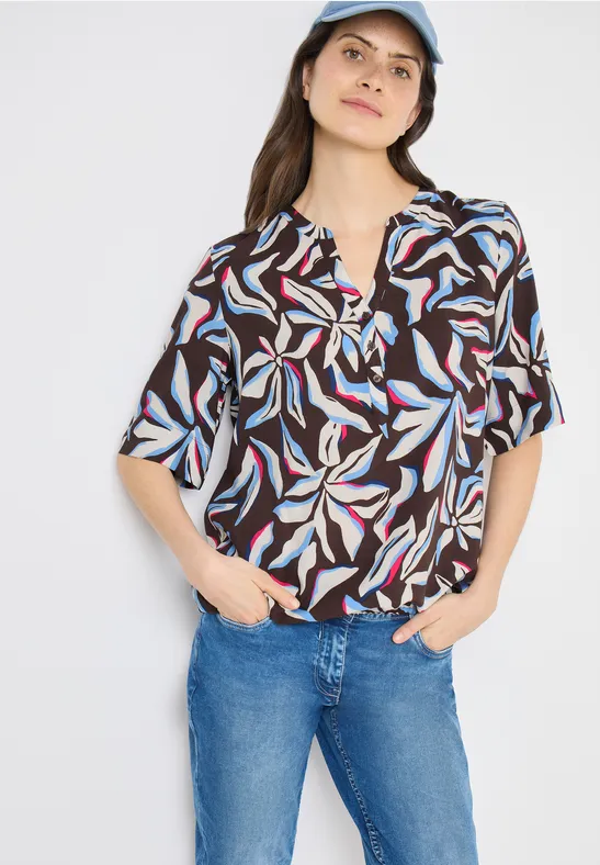 Abstrakte Blumenbluse mit Schlitz-Ausschnitt