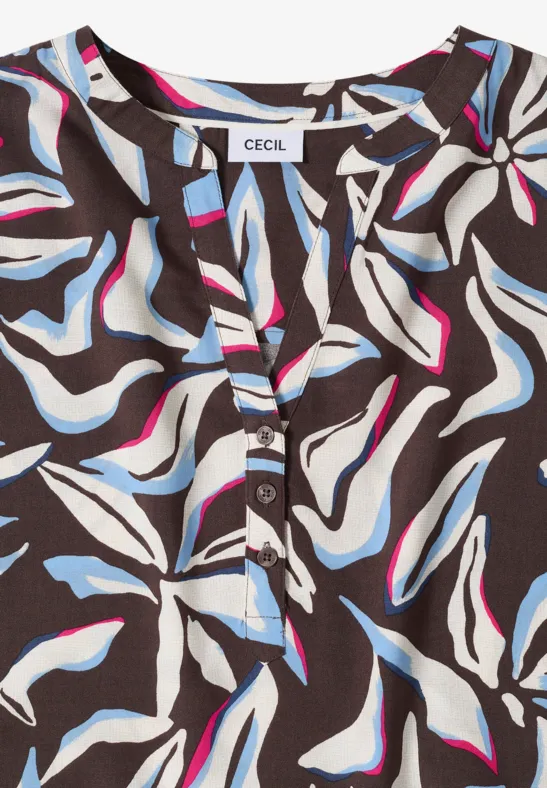 Abstrakte Blumenbluse mit Schlitz-Ausschnitt