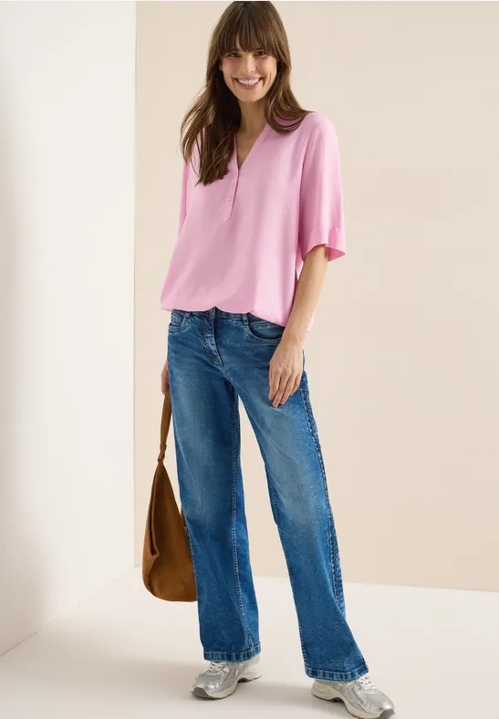 Bluse mit Split-Neck und Elastiksaum
