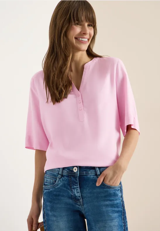 Bluse mit Split-Neck und Elastiksaum