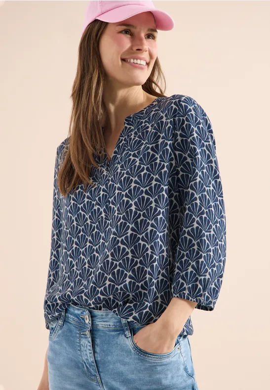 Bluse mit Muschel-Print und Schlitz-Ausschnitt