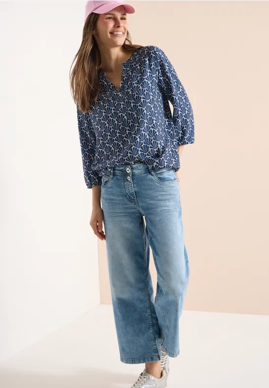 Bluse mit Muschel-Print und Schlitz-Ausschnitt