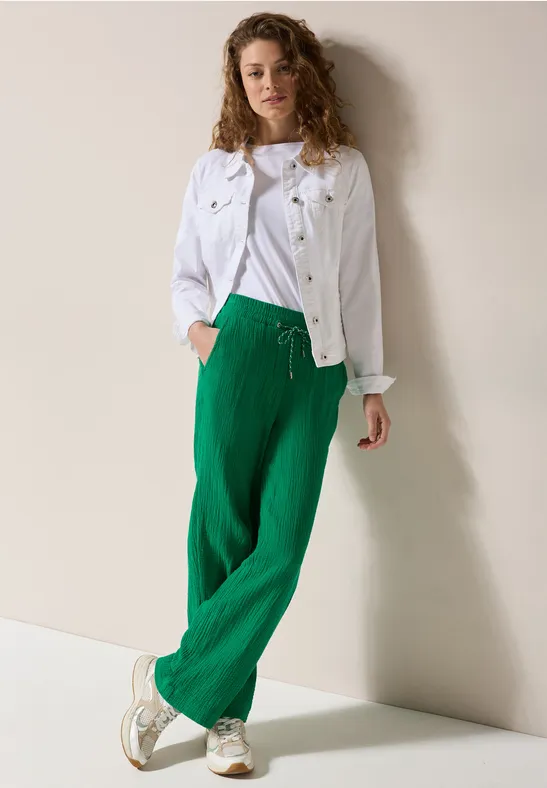 High Waist Weitbeinige Musselin Hose