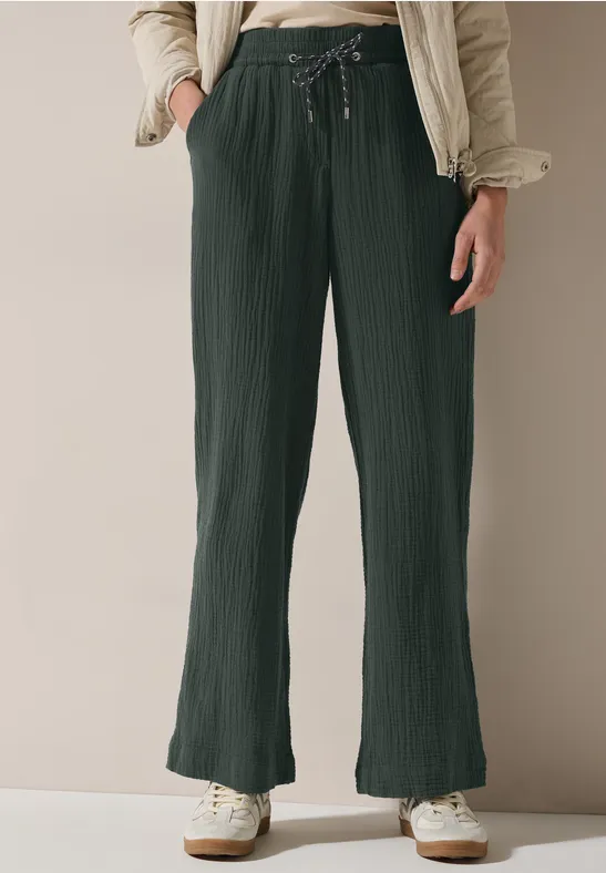 High Waist Weitbeinige Musselin Hose