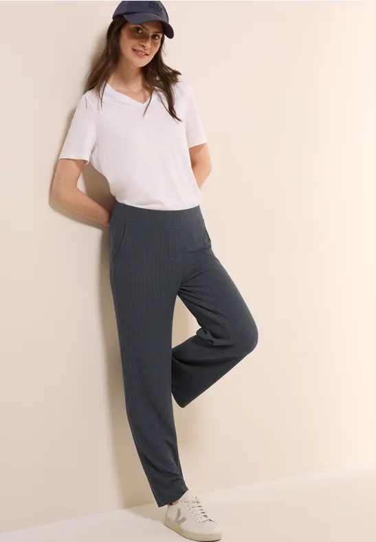 Hochtaillierte Jerseyhose mit Rippstruktur