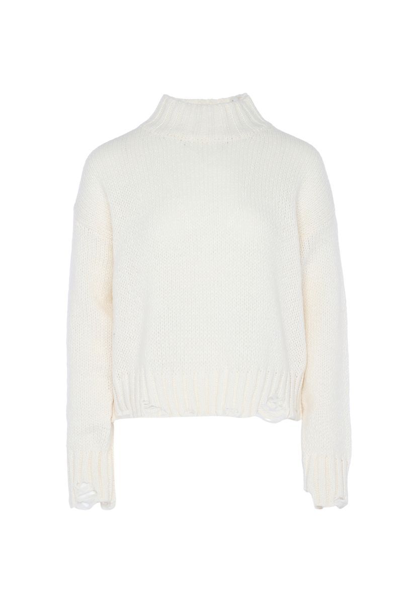 Strickpullover mit Stehkragen im Destroyed-Look