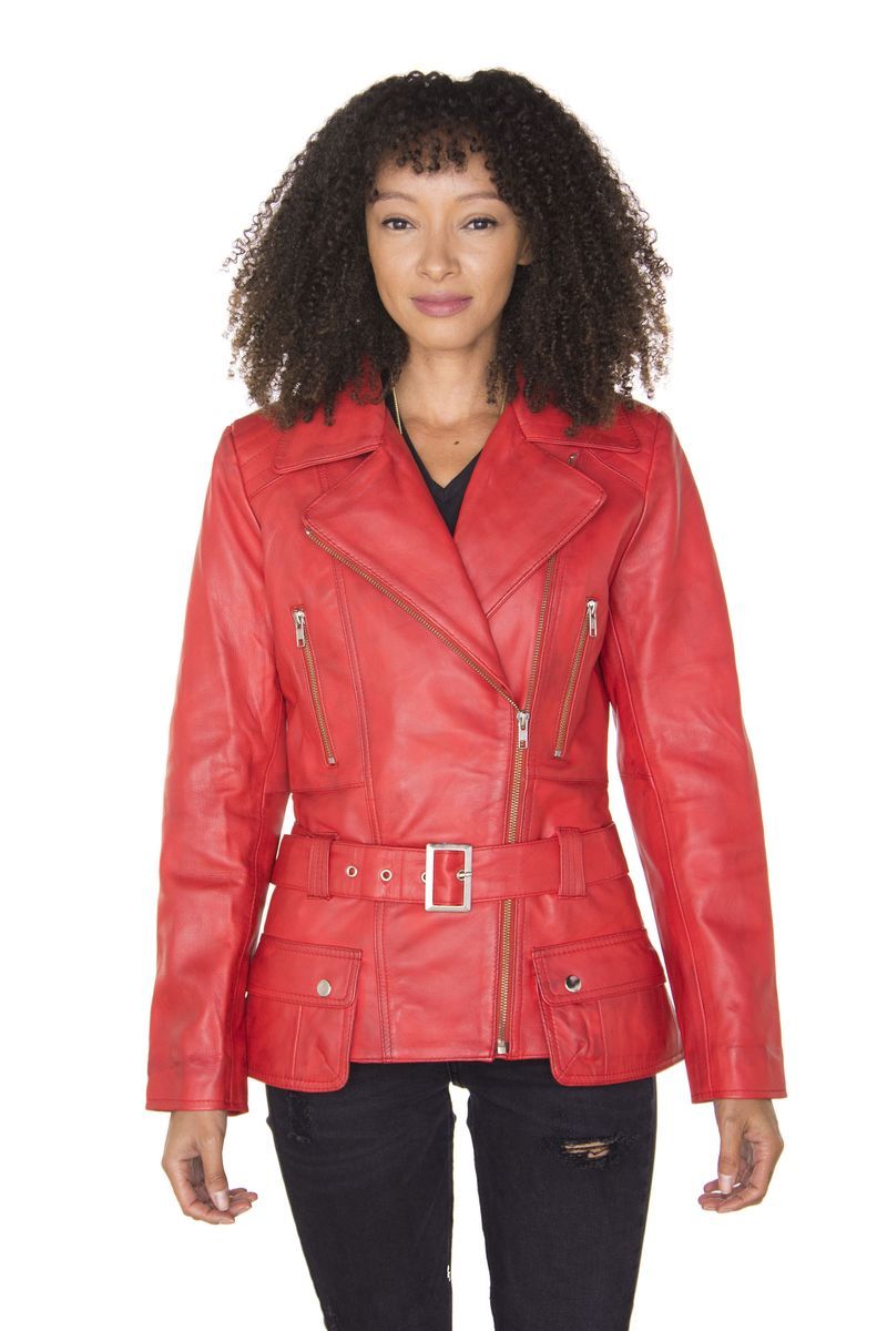 Lange Leder-Bikerjacke mit Gürtel