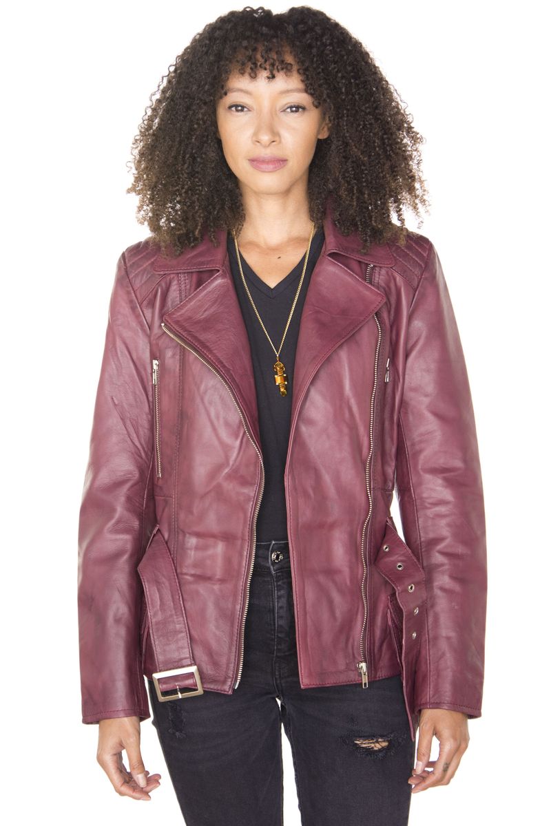Lange Leder-Bikerjacke mit Gürtel