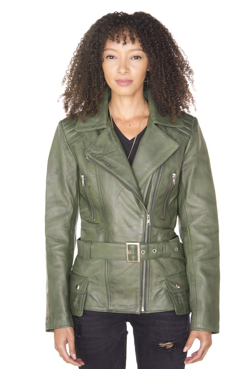 Lange Leder-Bikerjacke mit Gürtel