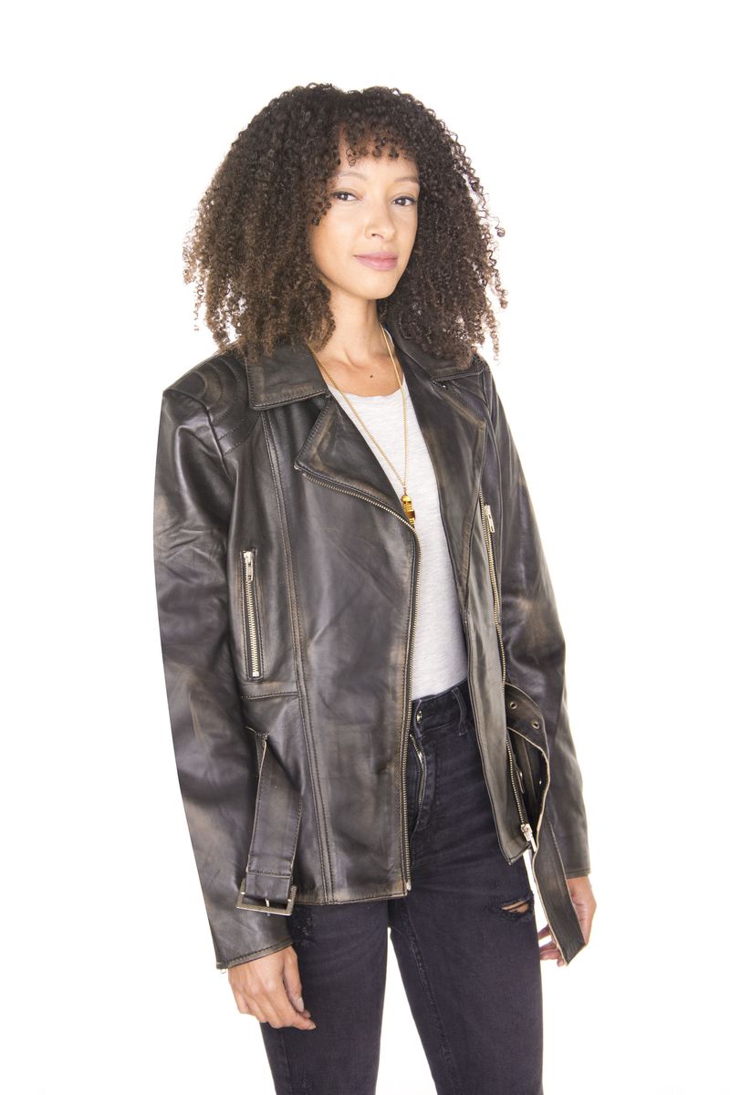 Lange Leder-Bikerjacke mit Gürtel