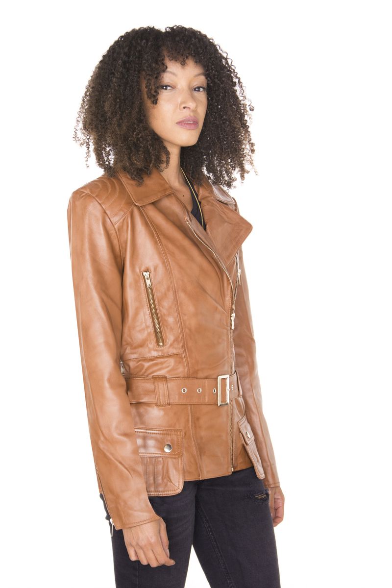 Lange Leder-Bikerjacke mit Gürtel