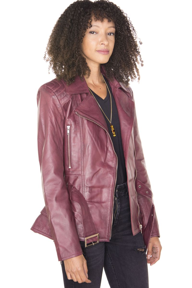 Lange Leder-Bikerjacke mit Gürtel