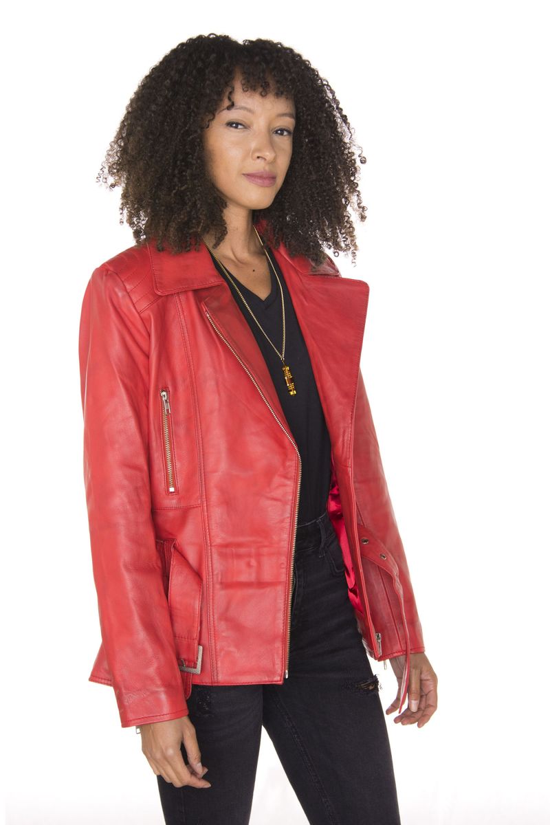 Lange Leder-Bikerjacke mit Gürtel