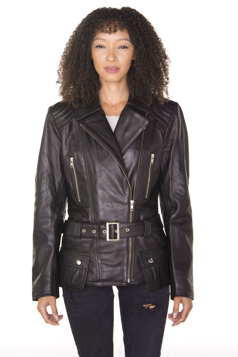 Lange Leder-Bikerjacke mit Gürtel