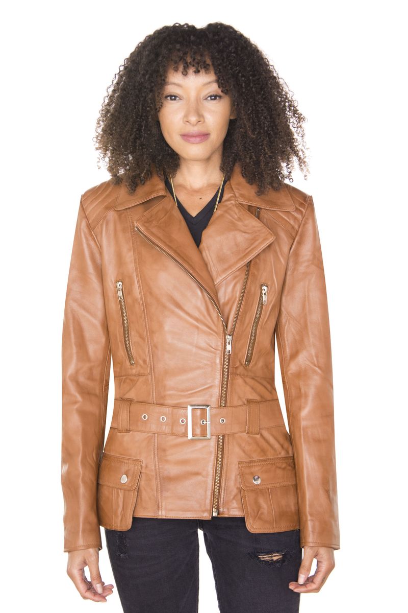 Lange Leder-Bikerjacke mit Gürtel