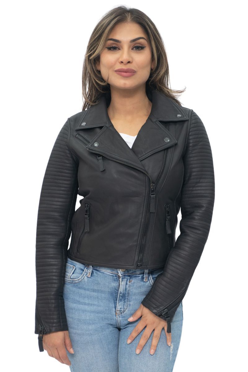 Matte Leder-Bikerjacke mit Rippen-Steppung