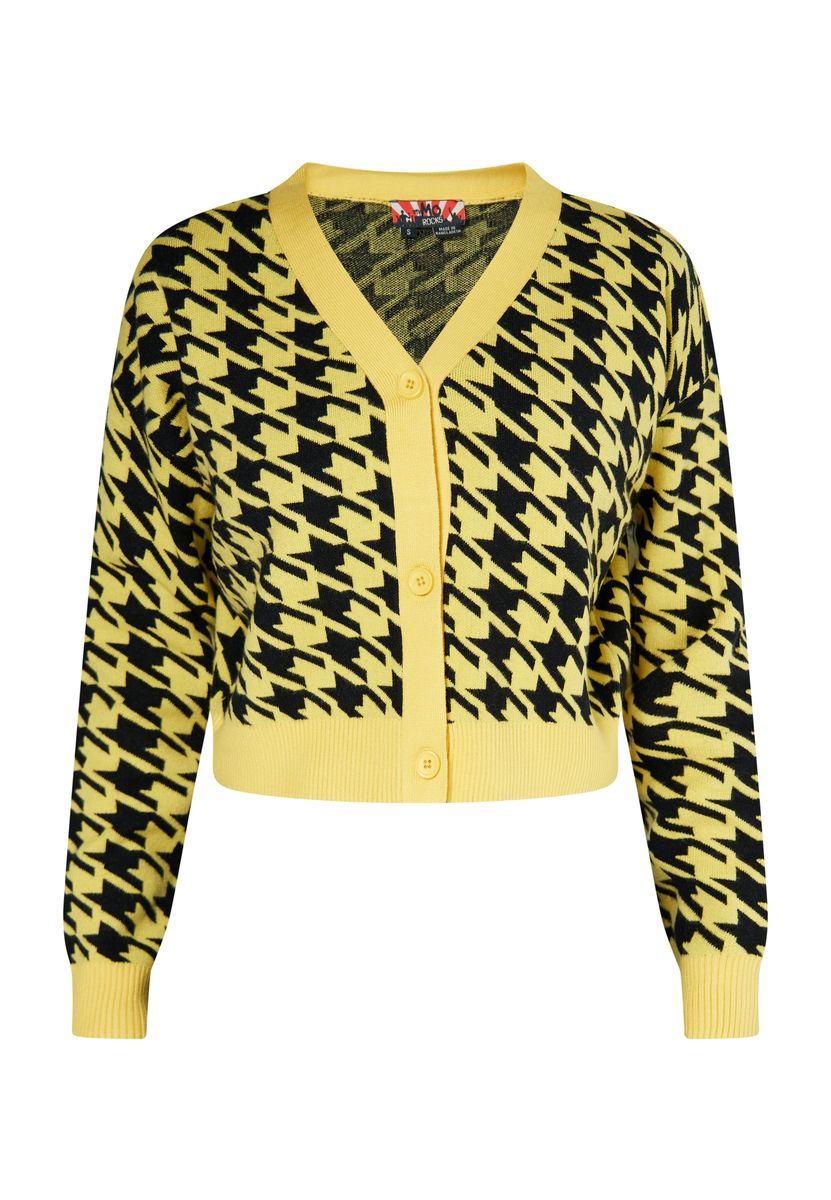 Kurze Hahnentritt-Strickjacke mit V-Ausschnitt