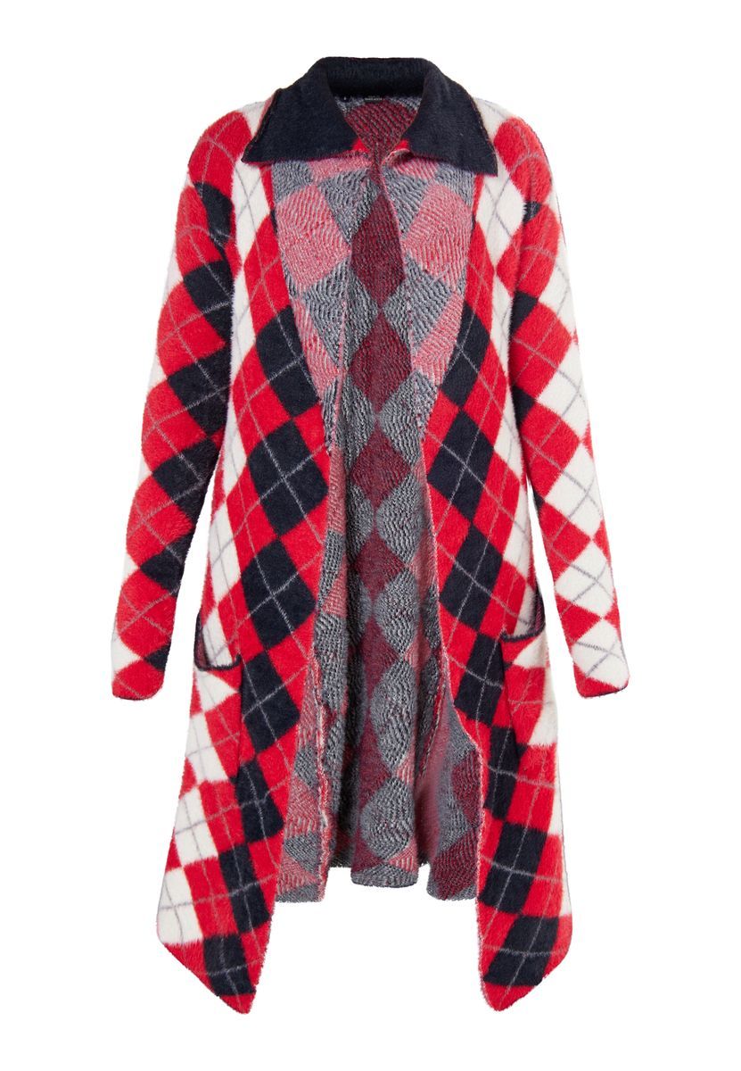 Langer Oversized-Cardigan mit Argyle-Muster
