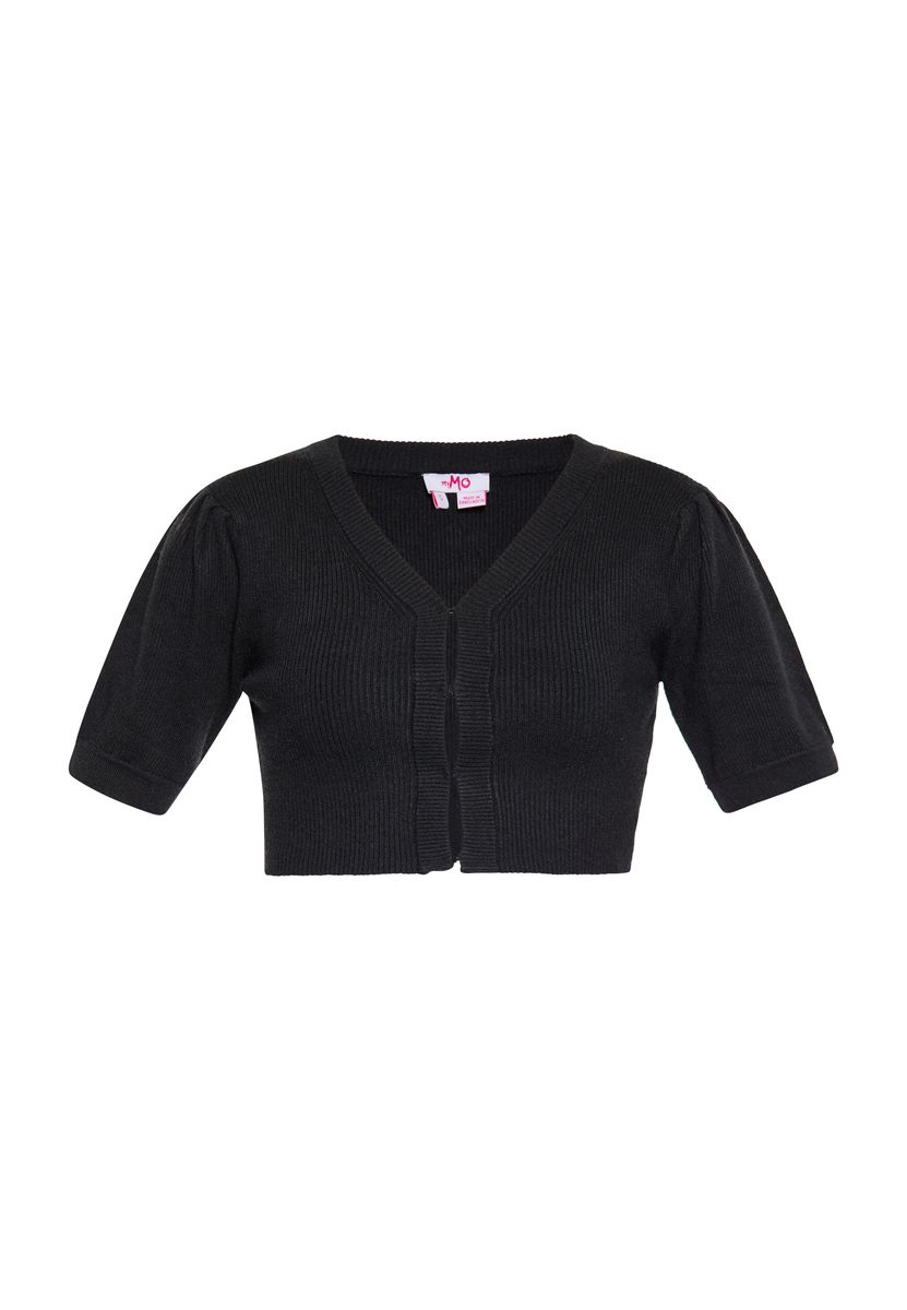 Gerippter Kurz-Cardigan mit Puffärmeln