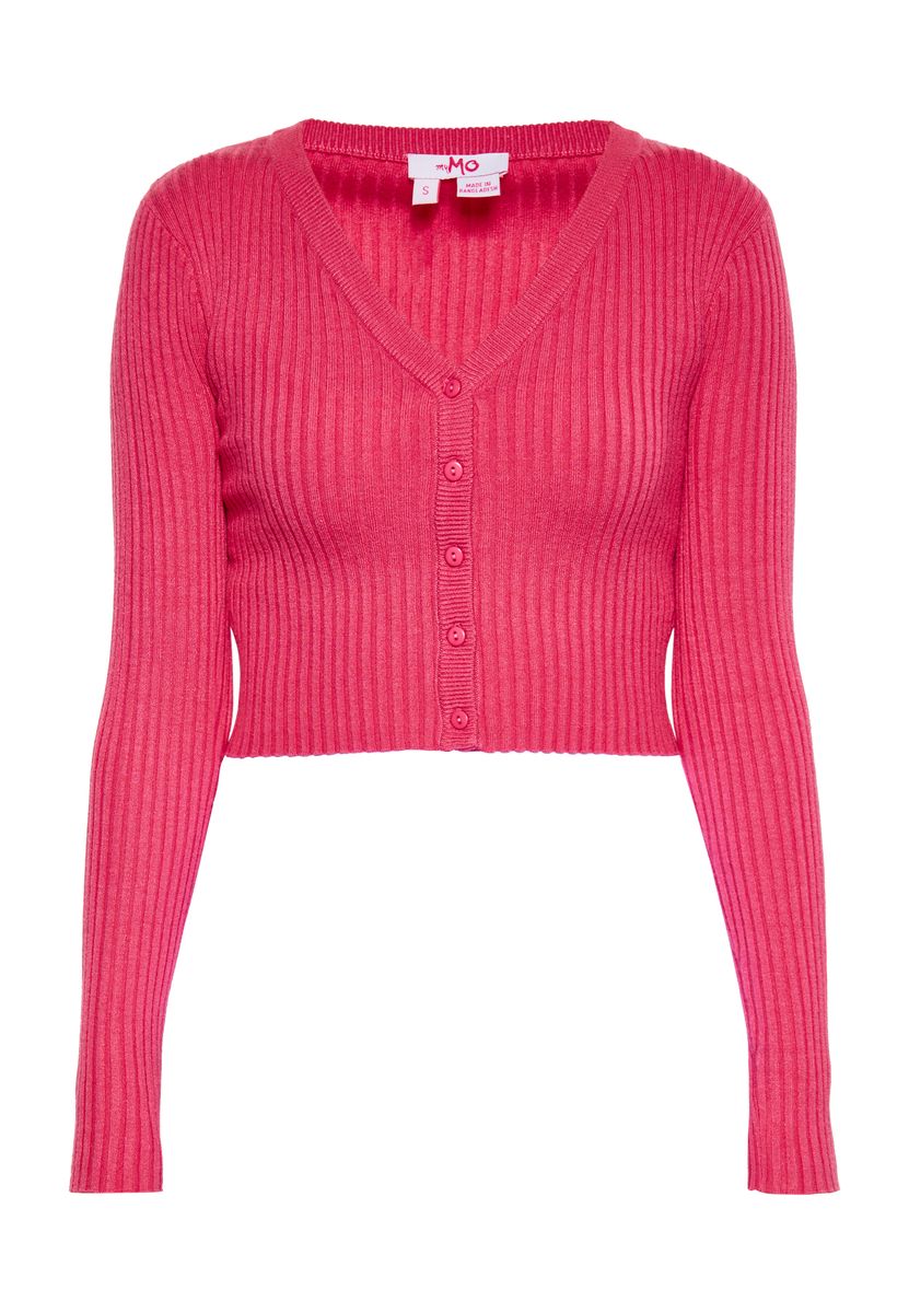 Gerippte Crop-Strickjacke mit V-Ausschnitt