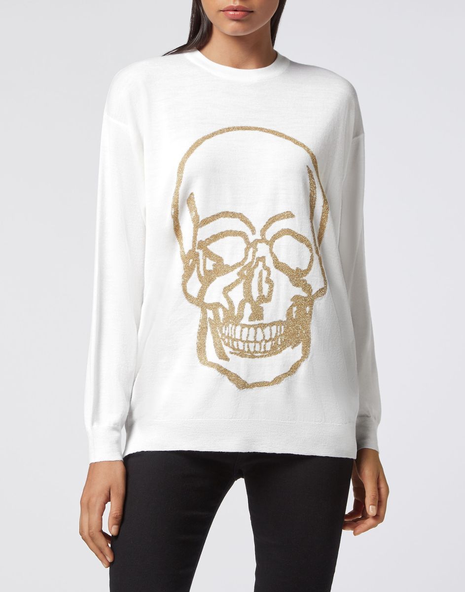 Ikonischer Wollmischpullover mit Totenkopf-Grafik