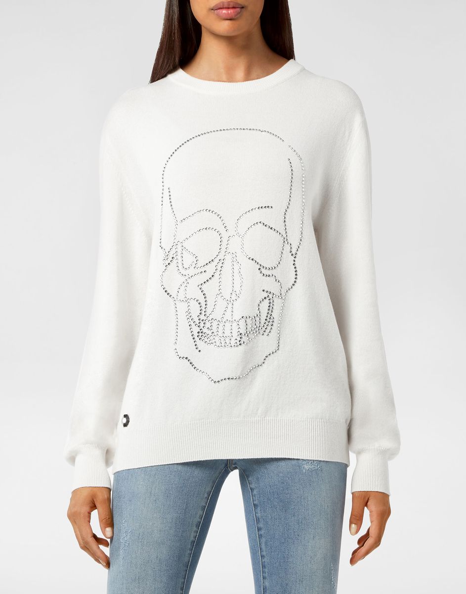 Kaschmir-Pullover mit Totenkopf aus Schmucksteinen
