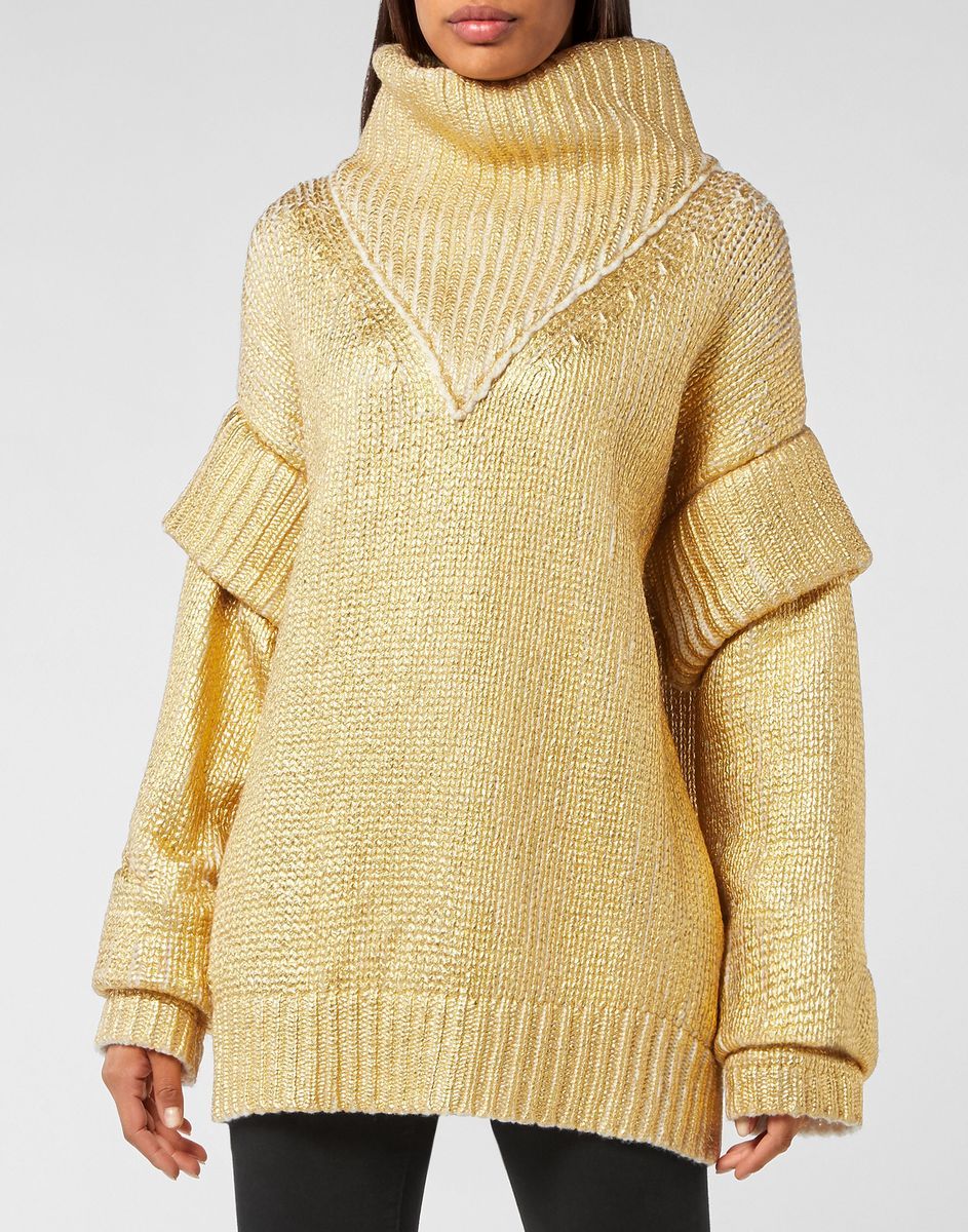 Oversized Metallic-Rollkragenpullover aus Wolle