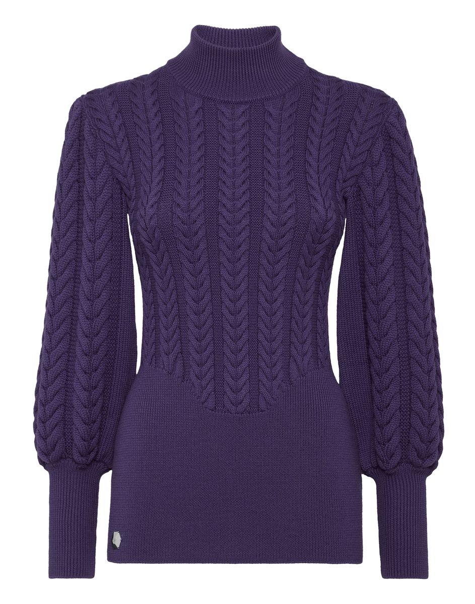 Eleganter Zopfstrick-Pullover mit Puffärmeln