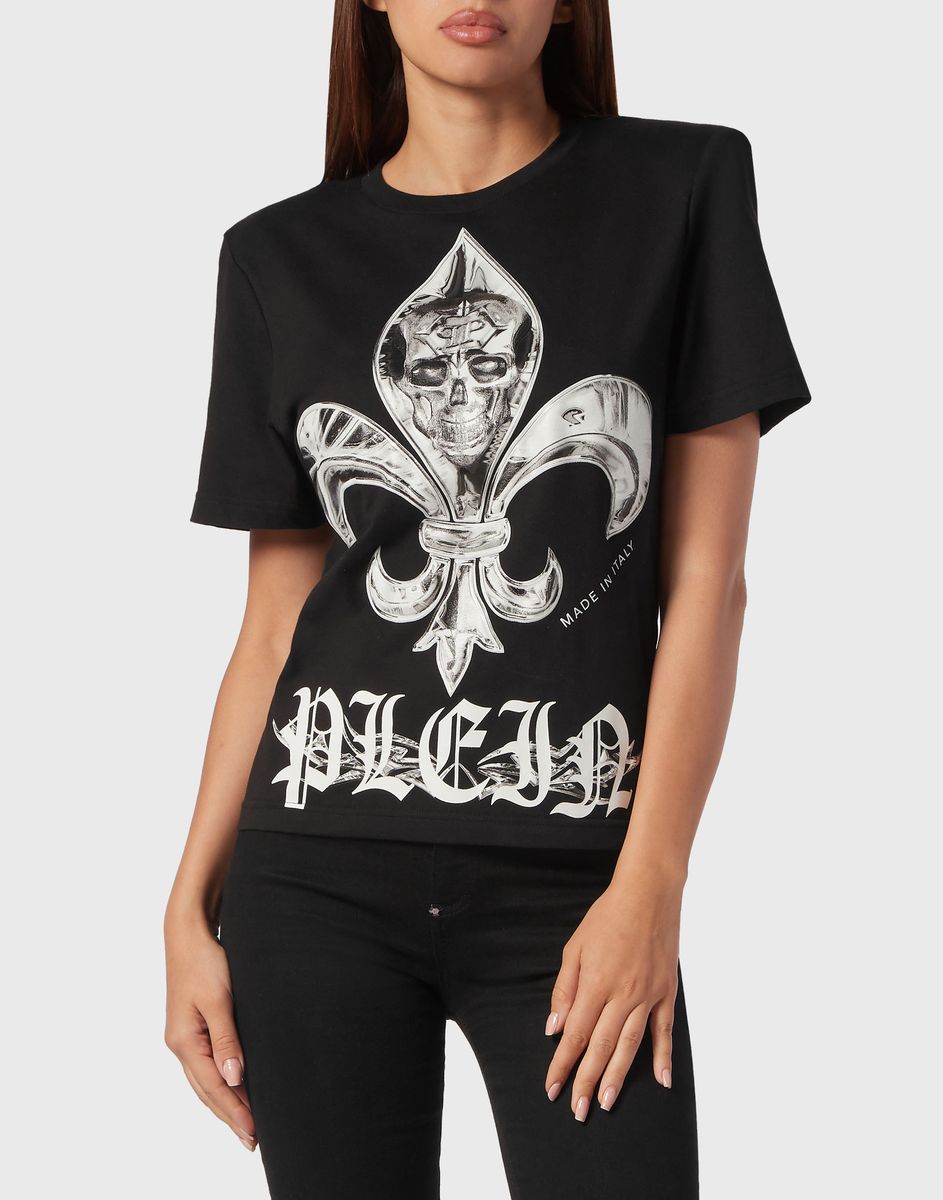 T-Shirt mit Chrome-Print und Schulterpolstern