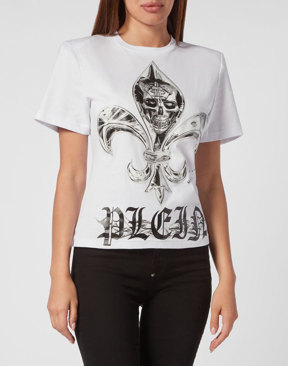 T-Shirt mit Chrome-Print und Schulterpolstern