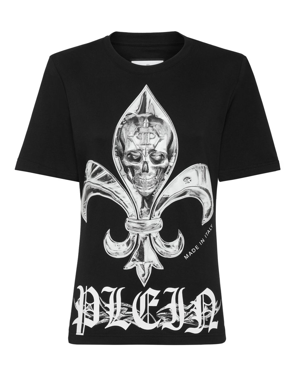 T-Shirt mit Chrome-Print und Schulterpolstern