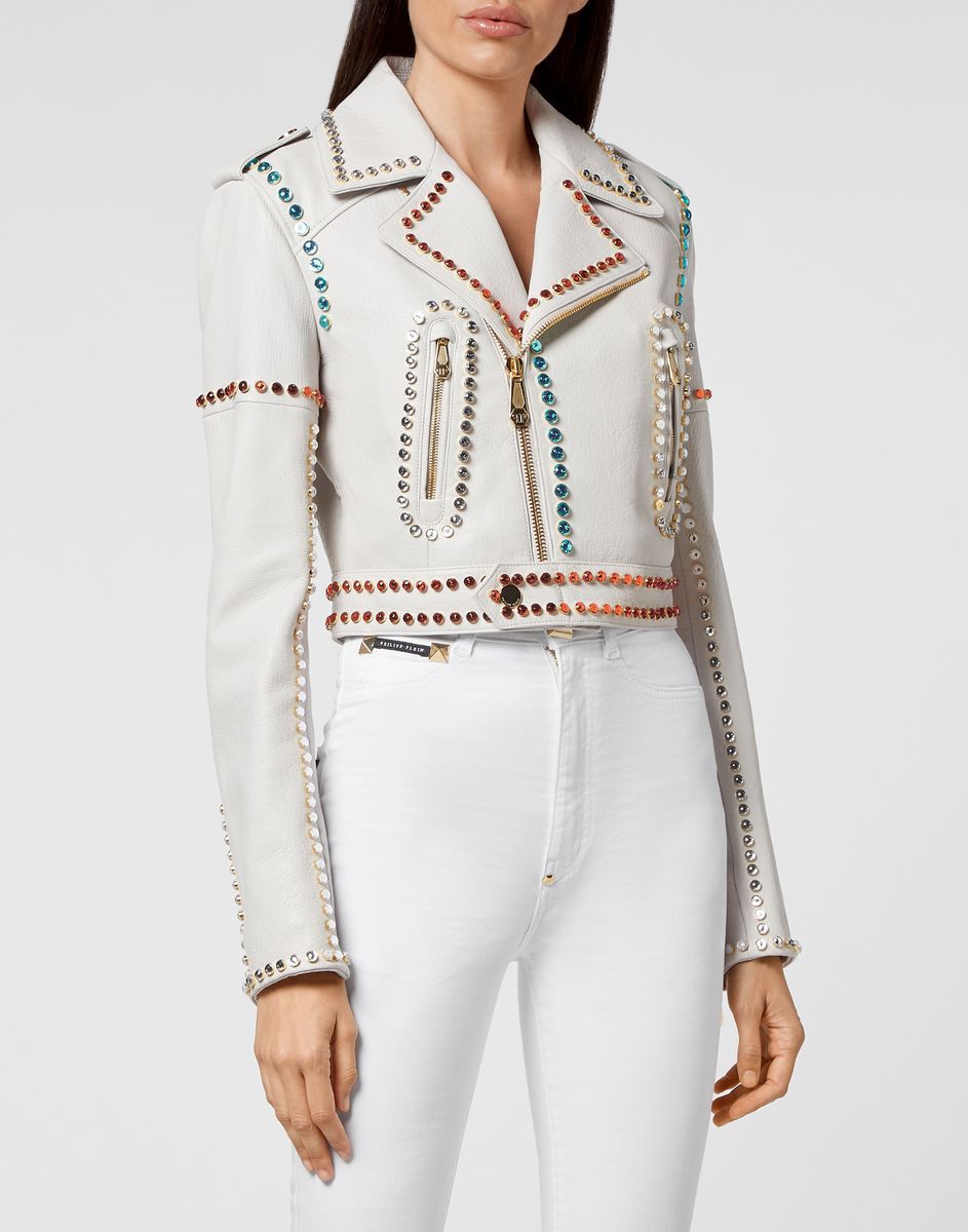 Verzierte Cropped Leder-Bikerjacke