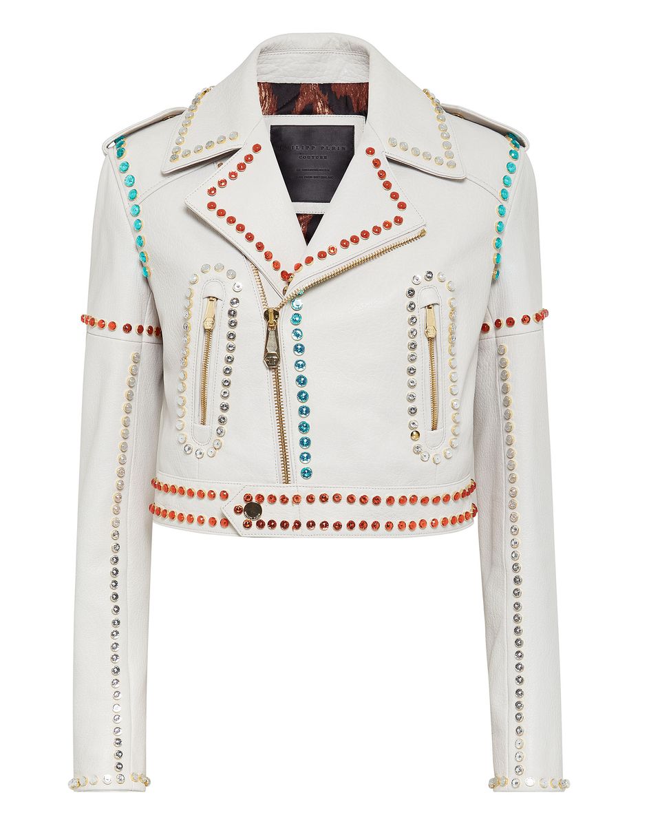 Verzierte Cropped Leder-Bikerjacke