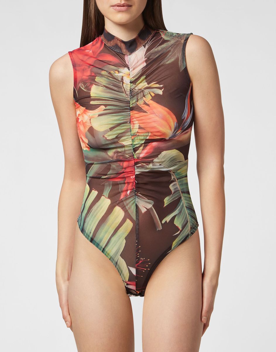 Ärmelloser Body mit Blumenprint und Raffung