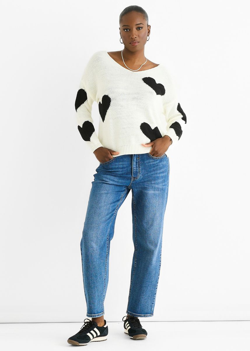 Oversized Herzmuster-Pullover mit V-Ausschnitt