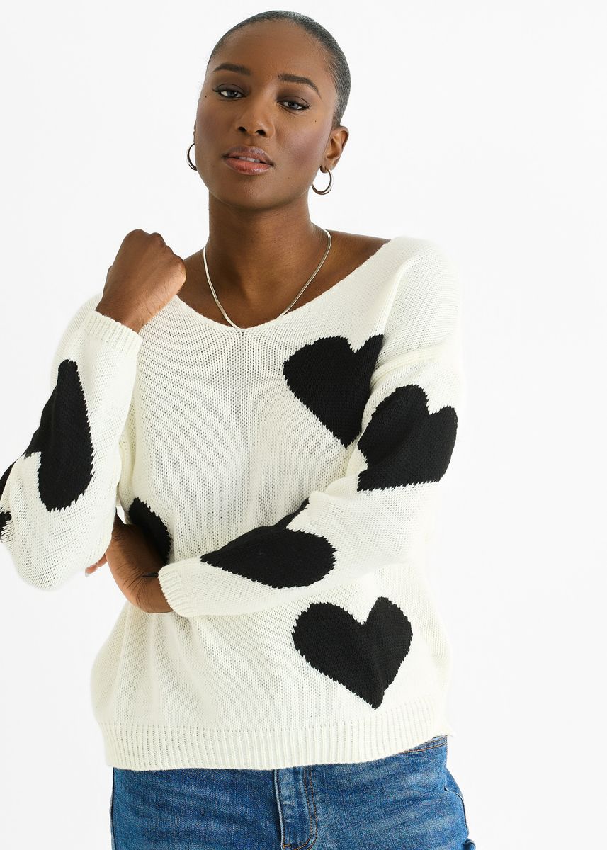 Oversized Herzmuster-Pullover mit V-Ausschnitt